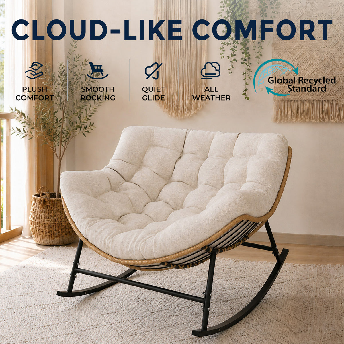 Outdoor Papasan Rocking Chair with Thick Cushion, Cream Oversized Wicker Lounge Rocker with Comfy Cushion, Zero-Pressure Square Steel Frame for Patio, Porch or Indoor Relaxation