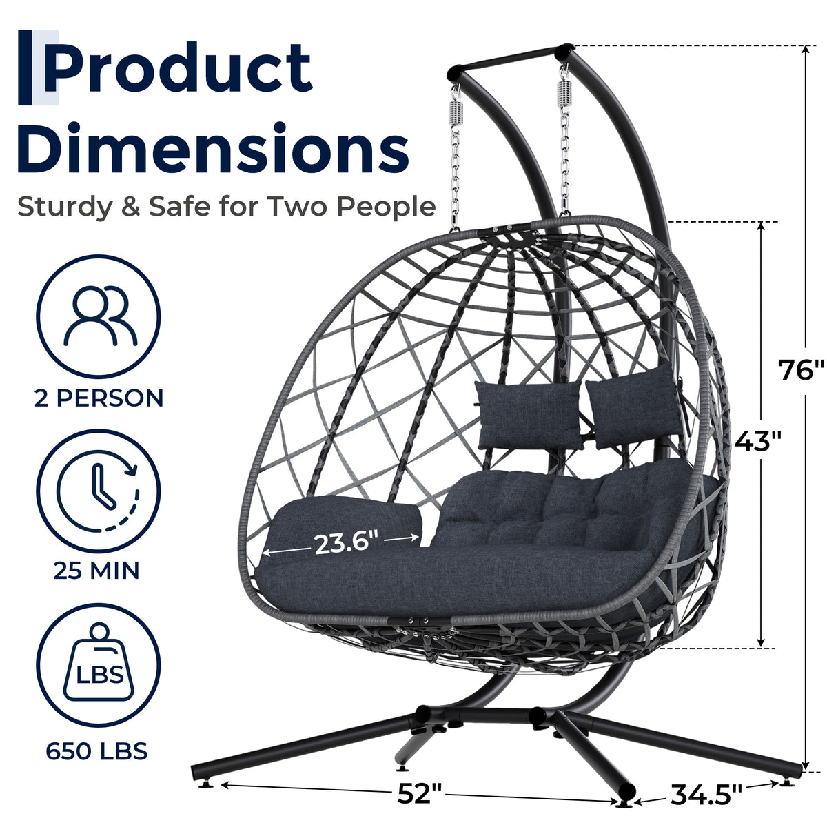 Outdoor Double Hanging Egg Swing Chair with Stand & Cushion, Grey 2 Person Wicker Swinging Egg Chair, Patio Loveseat for Porch Balcony Backyard, Indoor Hammock Chairs 650 LBS Capaticy