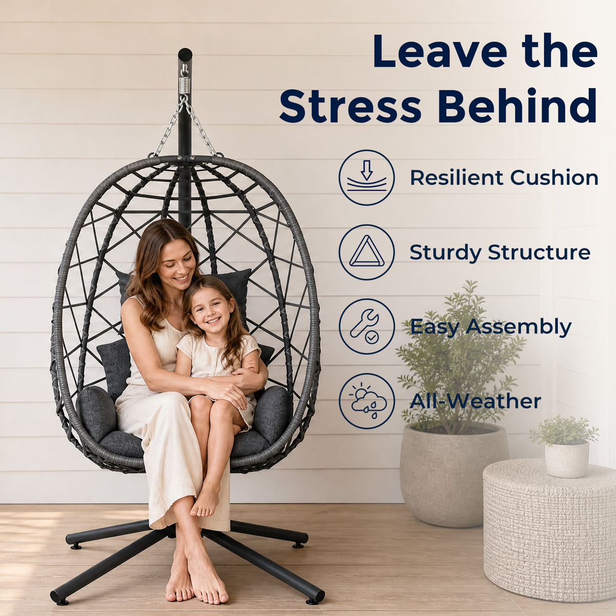 Hanging Egg Chair with Stand Outdoor, Wicker Patio Swing, Grey Indoor Comfy Swinging Chair with Cushion, 400 LBS Capacity, Heavy Duty Egg Shaped Hammock Chairs for Outside Porch, Bedroom