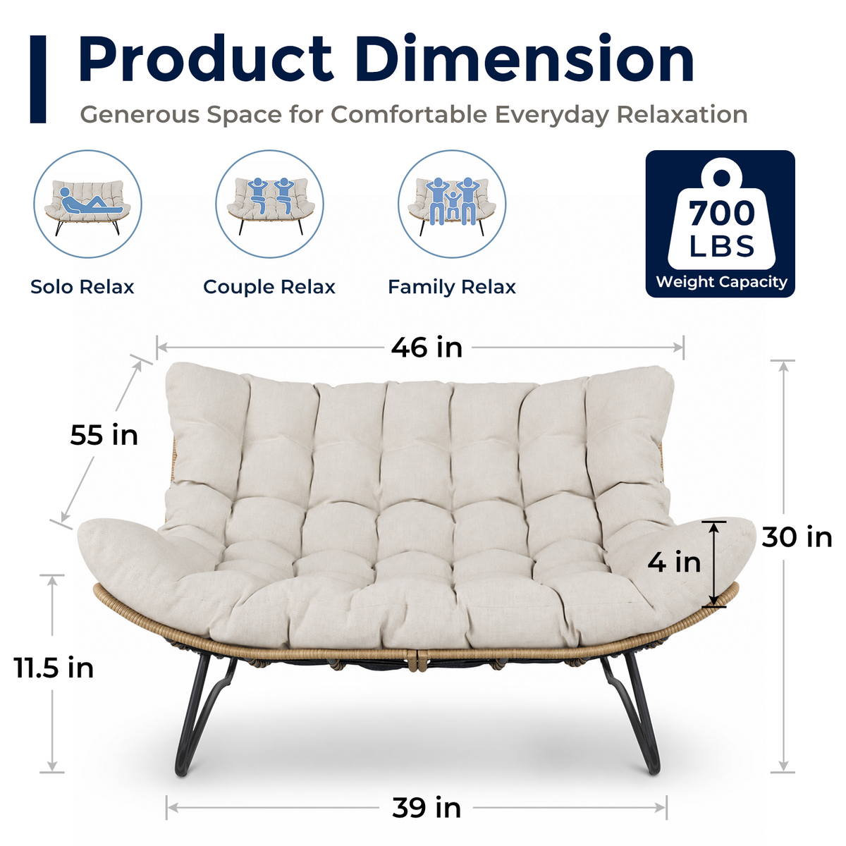 Outdoor Patio Loveseat, Double Papasan Chair with Cushion, Khaki All-Weather PE Wicker Outdoor Sofa, Boho 2 Seat Patio Couch with 700LBS Capacity for Balcony, Porch, Deck and Backyard
