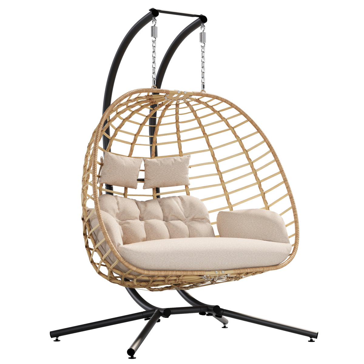 Double Egg Chair Outdoor with Stand, Patio Hanging Swing, Beige Indoor 2 Person Egg Swinging with Cushion, Wicker Loveseat for Porch Balcony Backyard, Cozy Hammock Chairs 680 LBS Capaticy