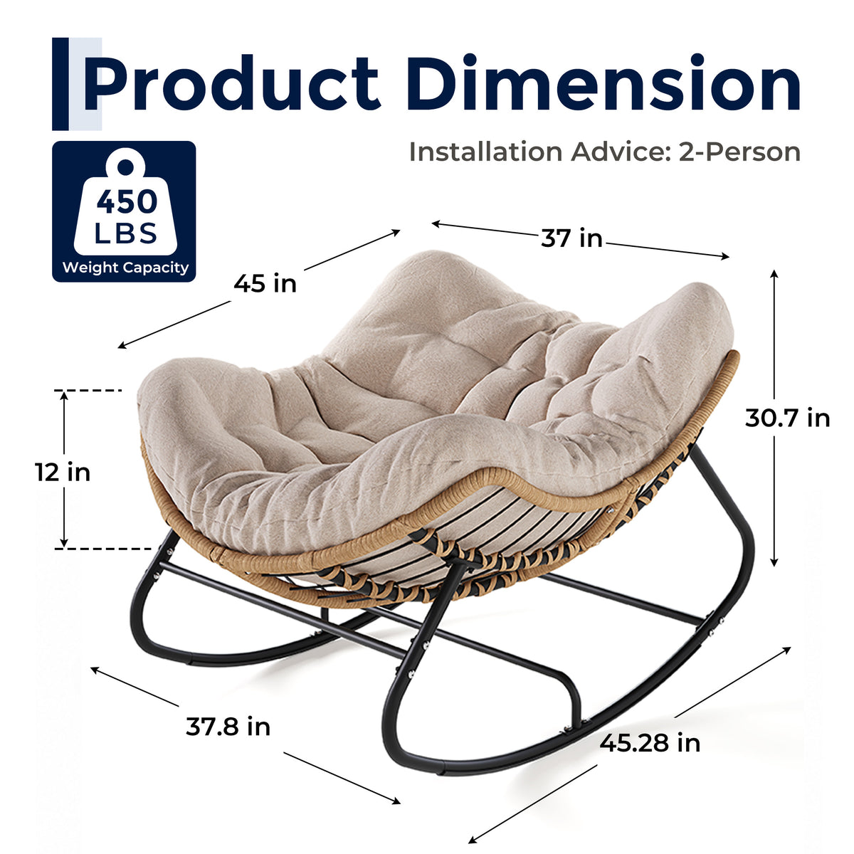 Papasan Rocking Chair, Outdoor Wicker Egg Rocker with Cushion, Ivory Oversized Modern Wicker Lounge Rocker with Comfy Cushion, Cozy Egg Chair Steel Frame for Patio, Porch,or Indoor Reading Nook