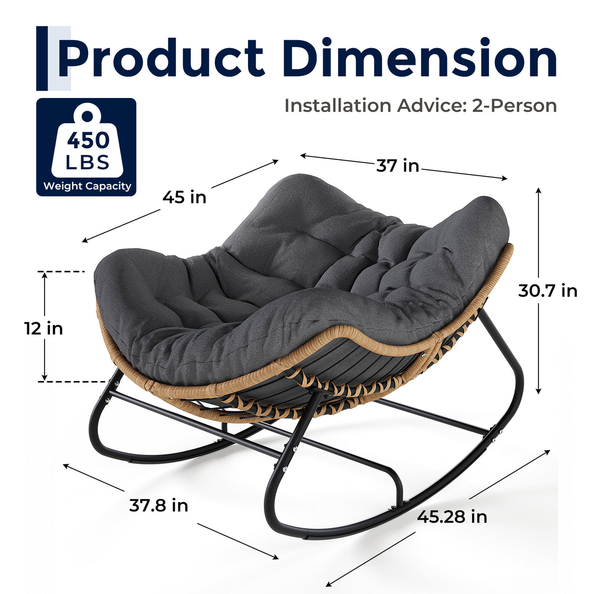 Papasan Rocking Chair, Outdoor Wicker Egg Rocker with Cushion, Grey Comfy Oversized Reading Chair, Cozy 30°-Rock Bed with 6" Cushion, Steel Frame 450LBS Capacity for Patio Porch Lawn