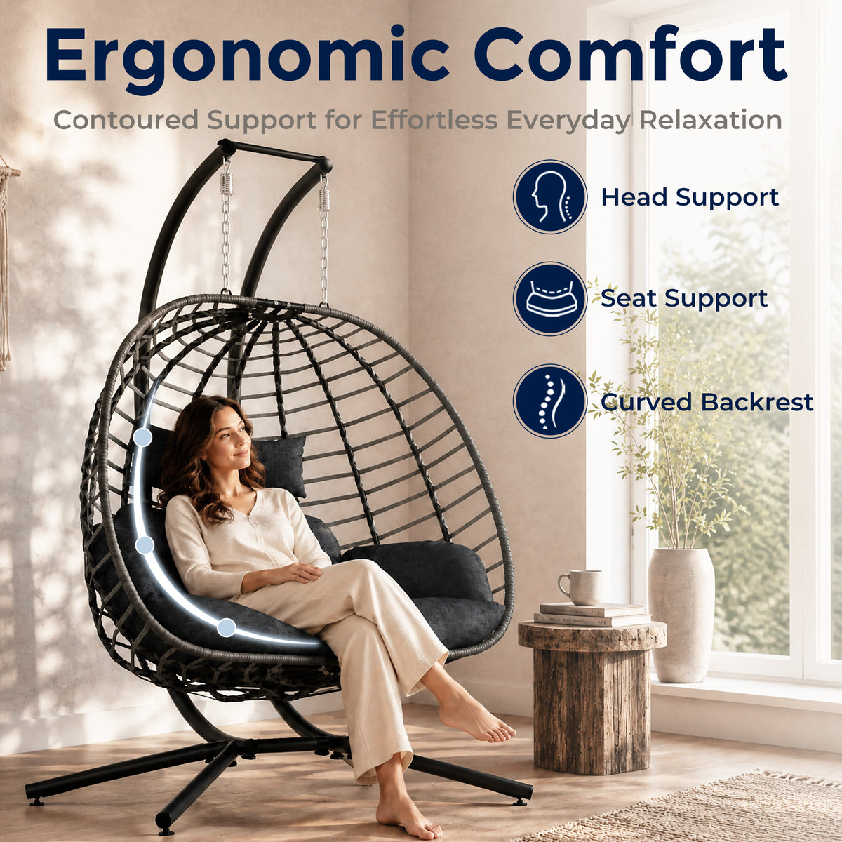 Double Egg Chair Outdoor with Stand, Patio Hanging Swing, Grey Indoor 2 Person Egg Swinging with Cushion, Wicker Loveseat for Porch Balcony Backyard, Cozy Hammock Chairs 680 LBS Capaticy