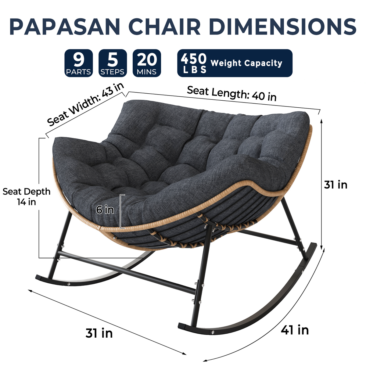 Outdoor Papasan Rocking Chair with Thick Cushion, Dark Grey Oversized Wicker Lounge Rocker with Comfy Cushion, Zero-Pressure Square Steel Frame for Patio, Porch or Indoor Relaxation