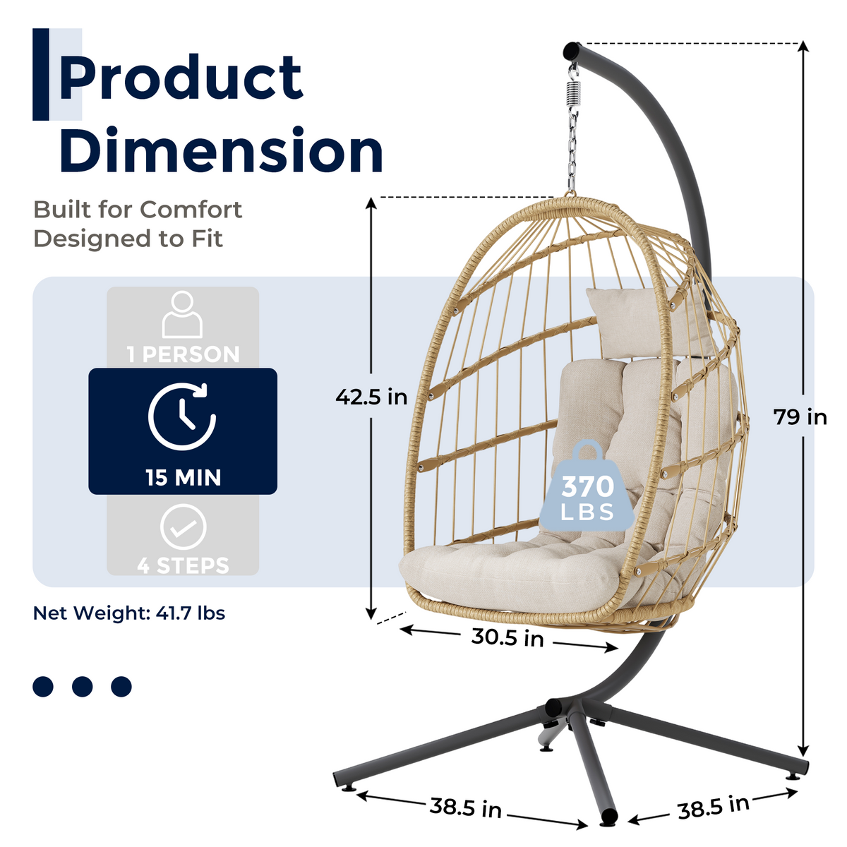 Egg Chair Outdoor with Stand, Indoor Wicker Hanging Egg Swing, Cream Patio Swinging Chair with Thick Cushion, Egg Shaped Swing for Bedroom Porch Balcony, Rattan Hammock Chairs 370 LBS Capacity
