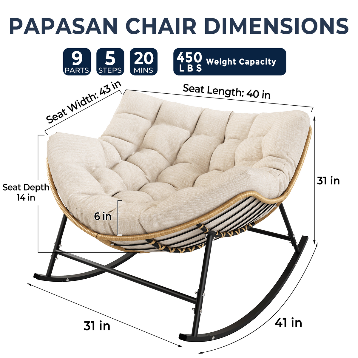 Outdoor Papasan Rocking Chair with Thick Cushion, Cream Oversized Wicker Lounge Rocker with Comfy Cushion, Zero-Pressure Square Steel Frame for Patio, Porch or Indoor Relaxation