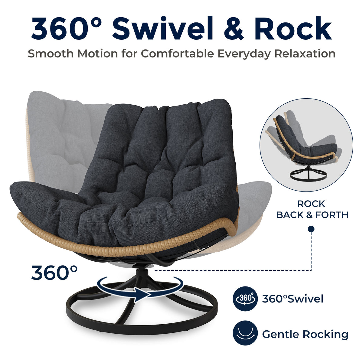 SWITTE Outdoor Wicker Swivel Chair, 360° Rotating Patio Chair, Charcoal Comfy Rattan Swivel Papasan Chair with Thick Cushion, Oversized Egg Rocking Chair Stable Steel Base for Balcony, Porch, Lawn