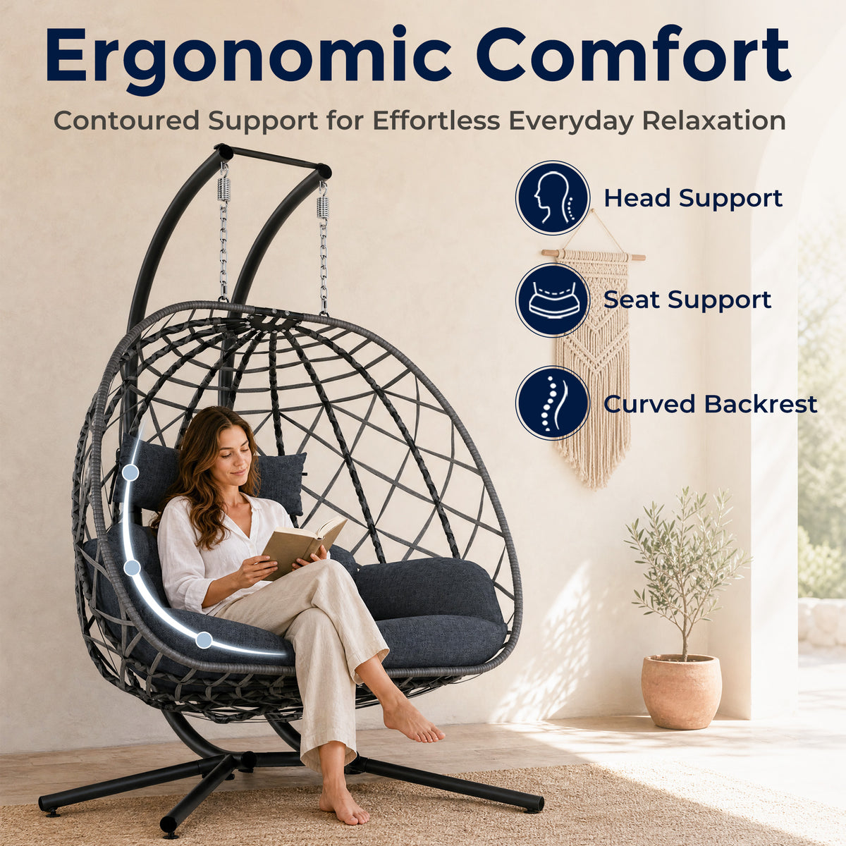 Outdoor Double Hanging Egg Swing Chair with Stand & Cushion, Grey 2 Person Wicker Swinging Egg Chair, Patio Loveseat for Porch Balcony Backyard, Indoor Hammock Chairs 650 LBS Capaticy