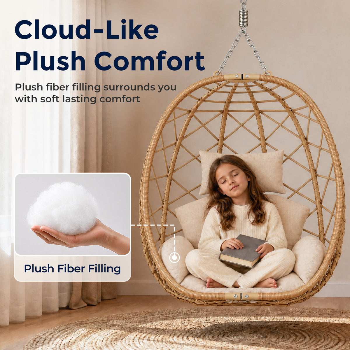 Outdoor Hanging Egg Chair with Stand, Wicker Patio Swing, Cream Indoor Comfy Swinging Chair with Cushion, 400 LBS Capacity, Heavy Duty Egg Shaped Hammock Chairs for Outside Porch, Bedroom
