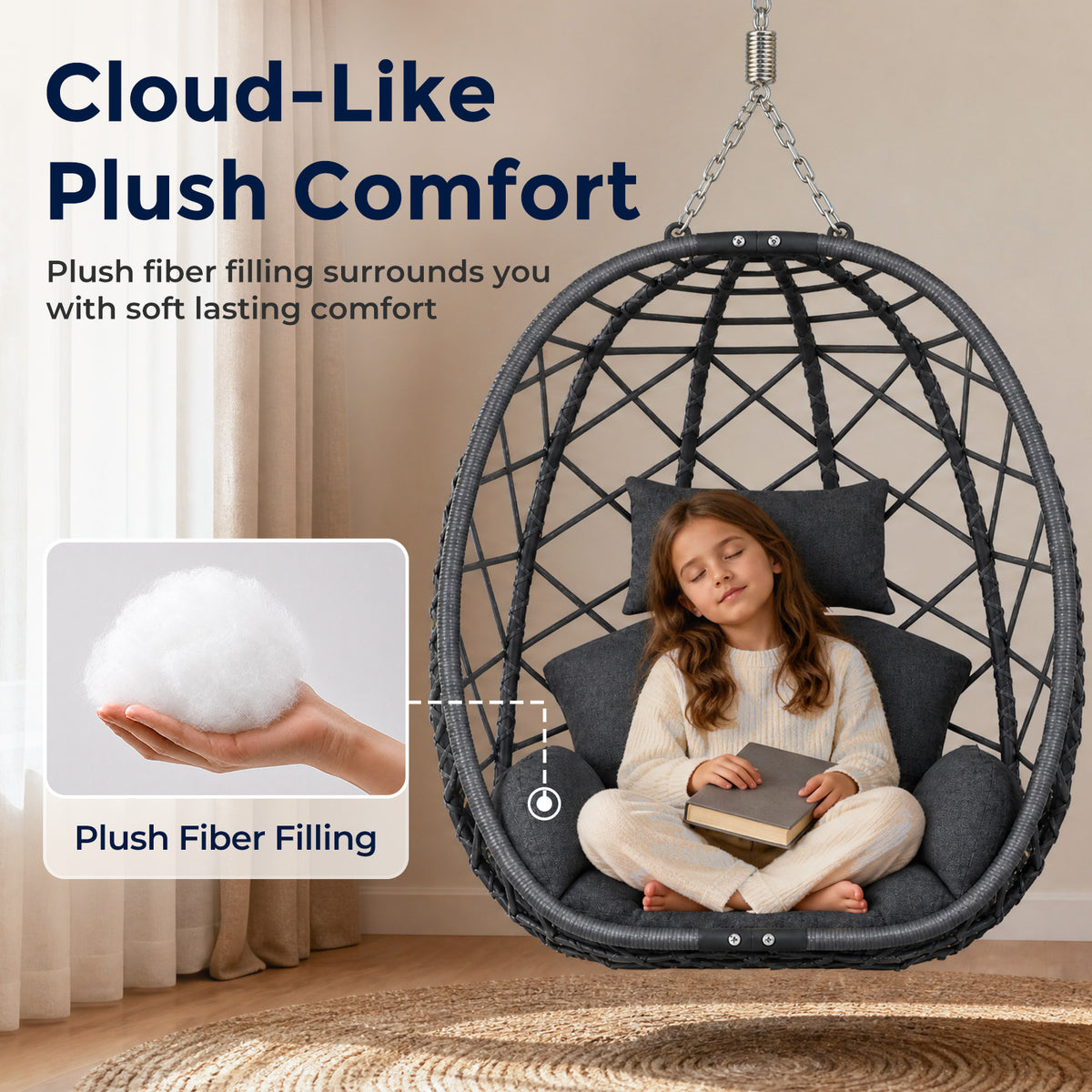 Hanging Egg Chair with Stand Outdoor, Wicker Patio Swing, Grey Indoor Comfy Swinging Chair with Cushion, 400 LBS Capacity, Heavy Duty Egg Shaped Hammock Chairs for Outside Porch, Bedroom