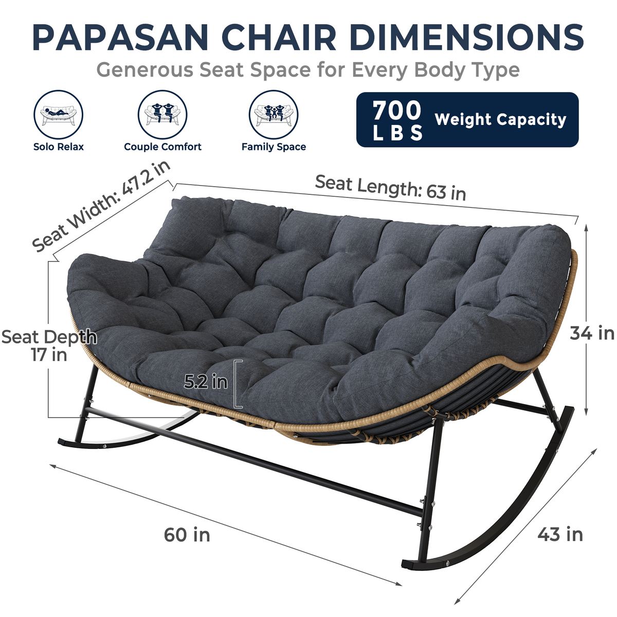 Double Outdoor Papasan Rocking Chair with Thick Cushion, Dark Grey Oversized 2-Person Rocking Loveseat with Plush Cushion, Outdoor Cozy Rocker Sofa for Patio, Porch or Balcony