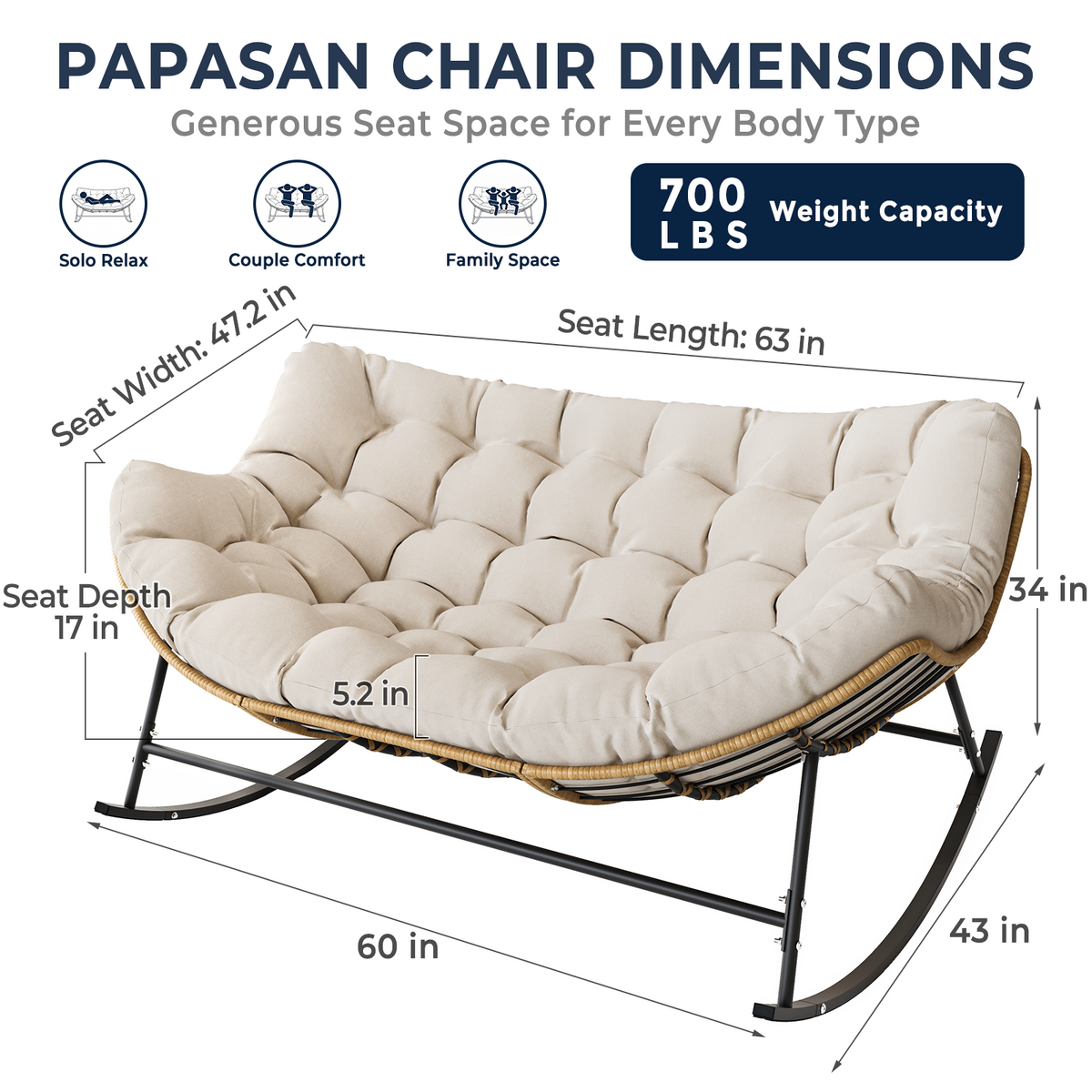 Double Outdoor Papasan Rocking Chair with Thick Cushion, Khaki Oversized 2-Person Rocking Loveseat with Plush Cushion, Outdoor Cozy Rocker Sofa for Patio, Porch or Balcony