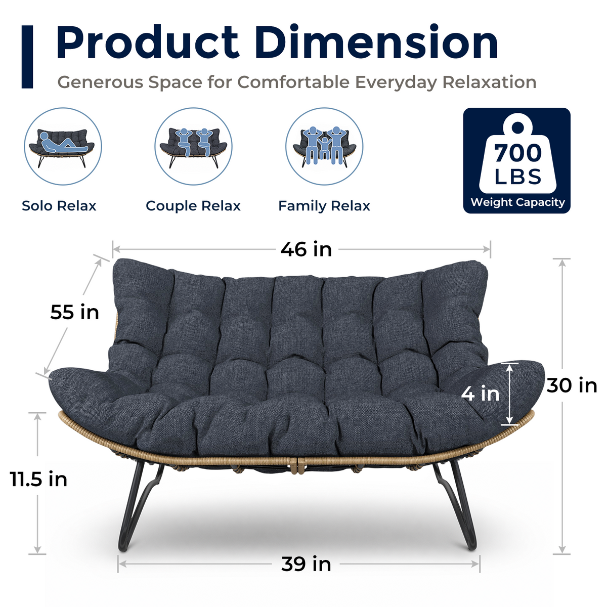 Outdoor Patio Loveseat, Double Papasan Chair with Cushion, Charcoal All-Weather PE Wicker Outdoor Sofa, Boho 2 Seat Patio Couch with 700LBS Capacity for Balcony, Porch, Deck and Backyard