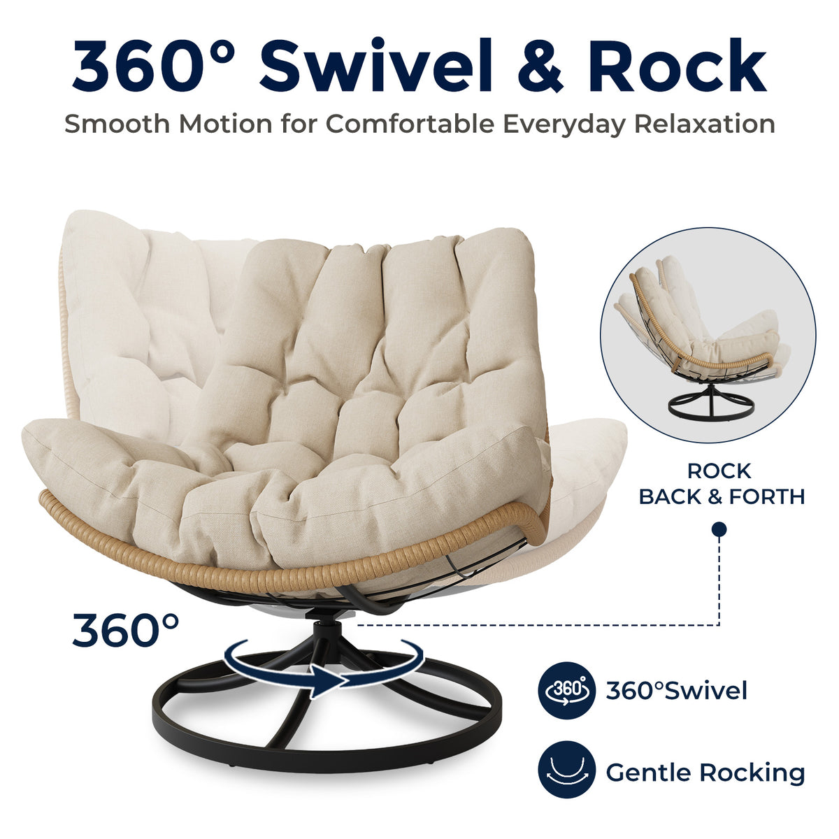 Outdoor Wicker Swivel Chair, 360° Rotating Patio Chair, Oatmeal Comfy Rattan Swivel Papasan Chair with Thick Cushion, Oversized Egg Rocking Chair Stable Steel Base for Balcony, Porch, Lawn