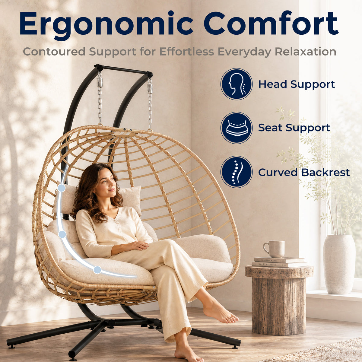 Double Egg Chair Outdoor with Stand, Patio Hanging Swing, Beige Indoor 2 Person Egg Swinging with Cushion, Wicker Loveseat for Porch Balcony Backyard, Cozy Hammock Chairs 680 LBS Capaticy