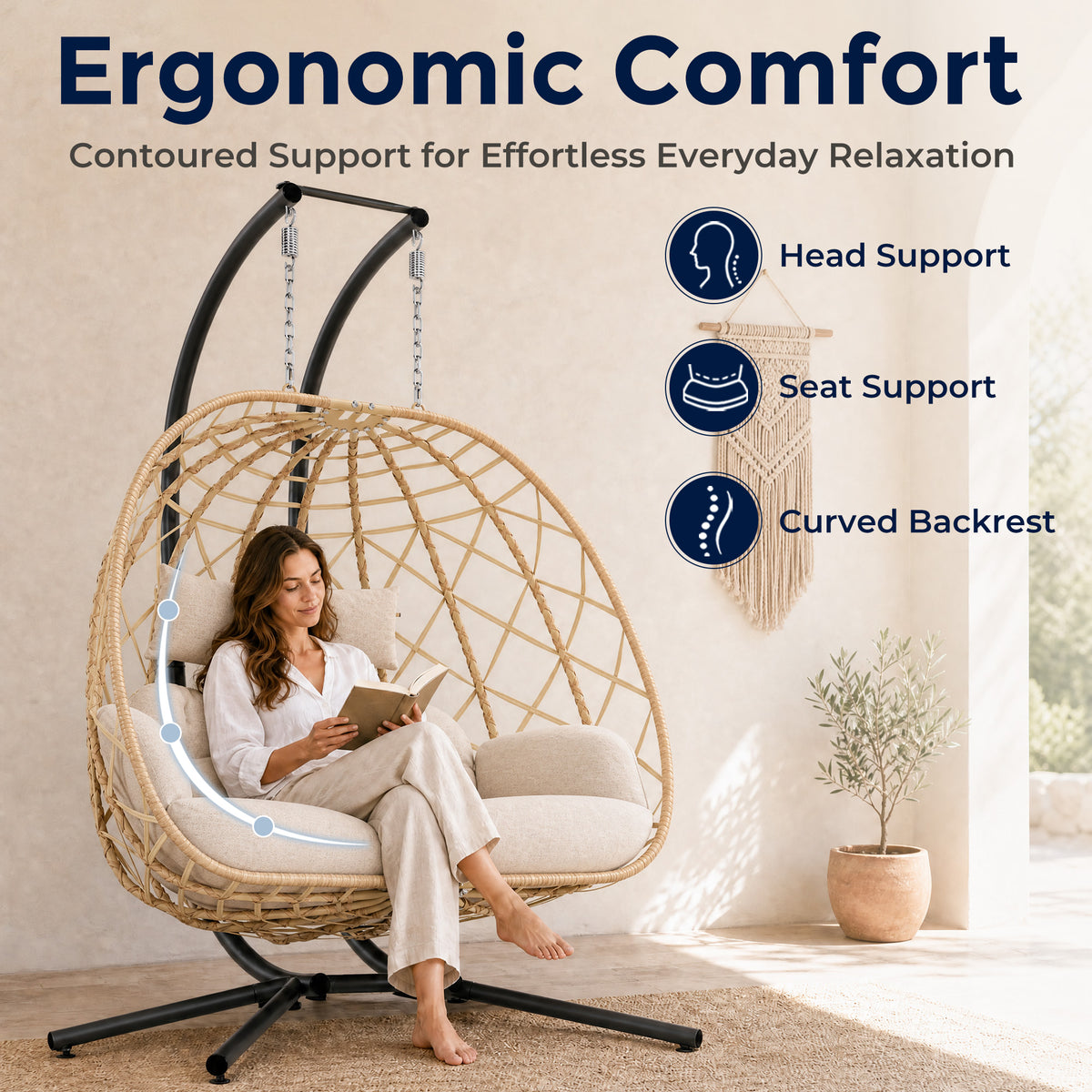 Outdoor Double Hanging Egg Swing Chair with Stand & Cushion, Beige 2 Person Wicker Swinging Egg Chair, Patio Loveseat for Porch Balcony Backyard, Indoor Hammock Chairs 650 LBS Capaticy