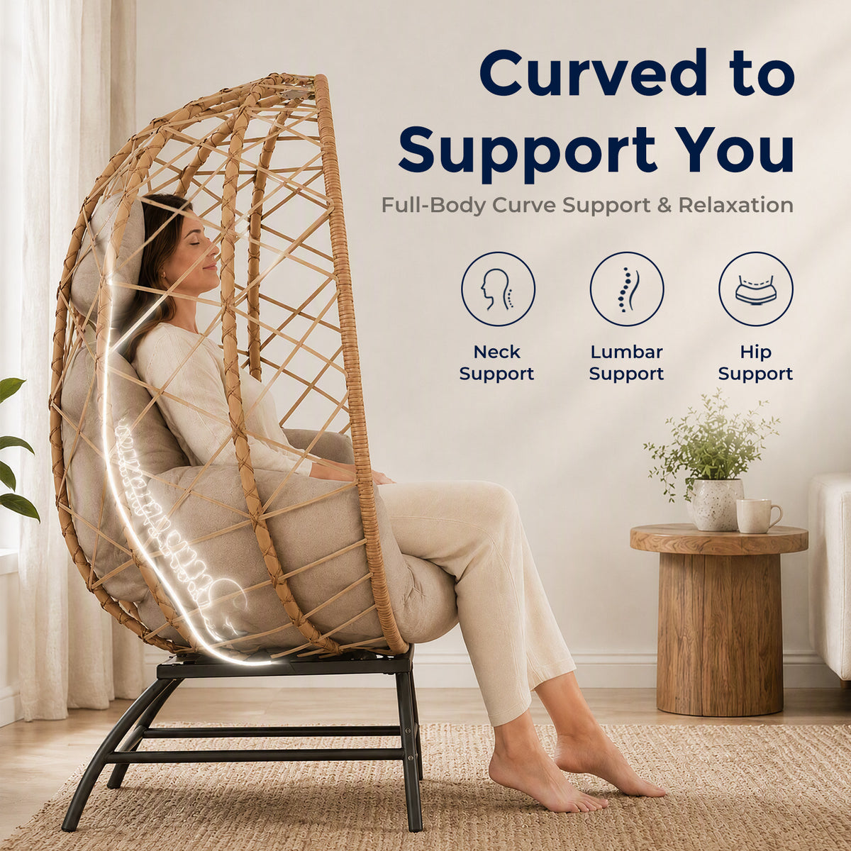 Outdoor Wicker Egg Chair with Cushion, Patio Lounge Chair, Beige Oversized Boho Rattan Sun Lounger, Comfy Reclining Lounge for Balcony, Porch, Backyard & Indoor Bedroom, 480 LBS Capacity