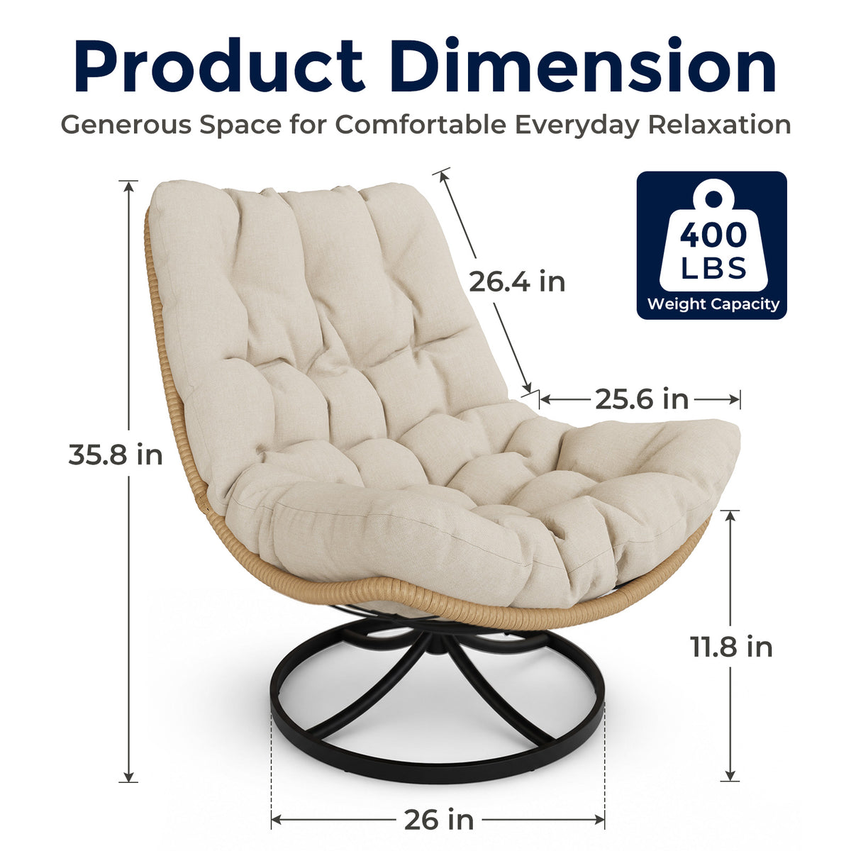 Outdoor Wicker Swivel Chair, 360° Rotating Patio Chair, Oatmeal Comfy Rattan Swivel Papasan Chair with Thick Cushion, Oversized Egg Rocking Chair Stable Steel Base for Balcony, Porch, Lawn