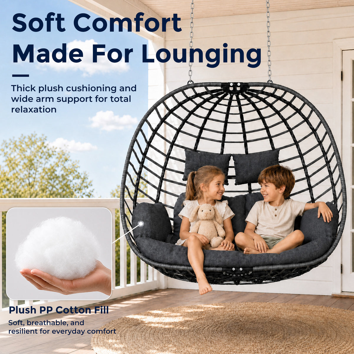 Double Egg Chair Outdoor with Stand, Patio Hanging Swing, Grey Indoor 2 Person Egg Swinging with Cushion, Wicker Loveseat for Porch Balcony Backyard, Cozy Hammock Chairs 680 LBS Capaticy