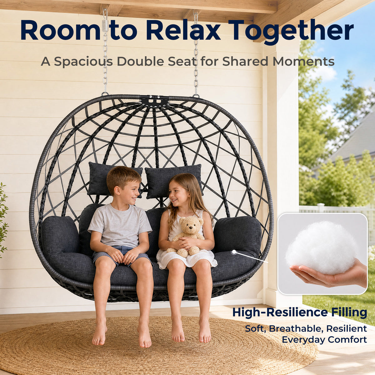 Outdoor Double Hanging Egg Swing Chair with Stand & Cushion, Grey 2 Person Wicker Swinging Egg Chair, Patio Loveseat for Porch Balcony Backyard, Indoor Hammock Chairs 650 LBS Capaticy