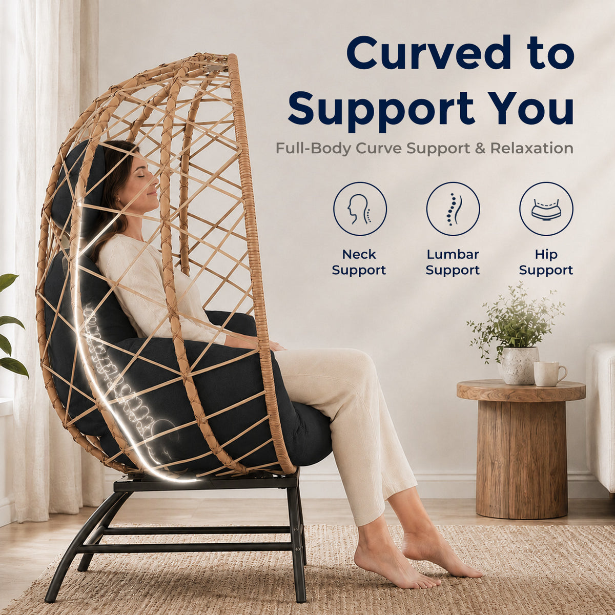 Outdoor Wicker Egg Chair with Cushion, Patio Lounge Chair, Black Oversized Boho Rattan Sun Lounger, Comfy Reclining Lounge for Balcony, Porch, Backyard & Indoor Bedroom, 480 LBS Capacity