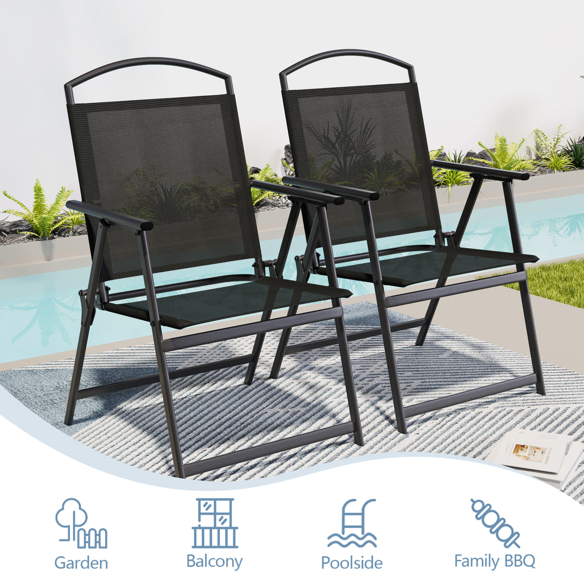 Outdoor Patio Chairs Set of 2, Folding Lawn Chairs, Black Foldable Lightweight Dining Chairs with Armrests & Back Support, Breathable Textilene & Metal Frame for Deck, Lawn, Camping