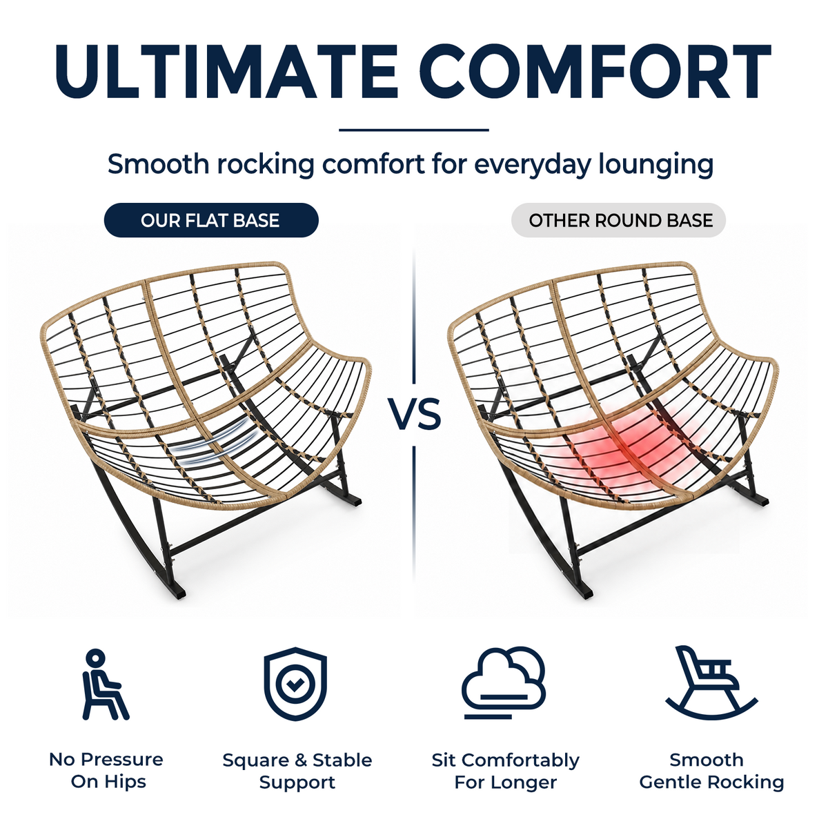 Outdoor Papasan Rocking Chair with Thick Cushion, Cream Oversized Wicker Lounge Rocker with Comfy Cushion, Zero-Pressure Square Steel Frame for Patio, Porch or Indoor Relaxation