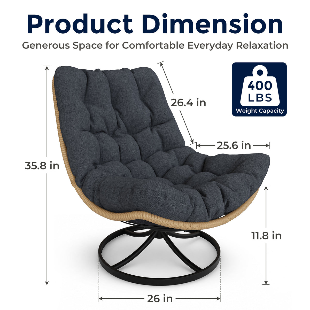 SWITTE Outdoor Wicker Swivel Chair, 360° Rotating Patio Chair, Charcoal Comfy Rattan Swivel Papasan Chair with Thick Cushion, Oversized Egg Rocking Chair Stable Steel Base for Balcony, Porch, Lawn