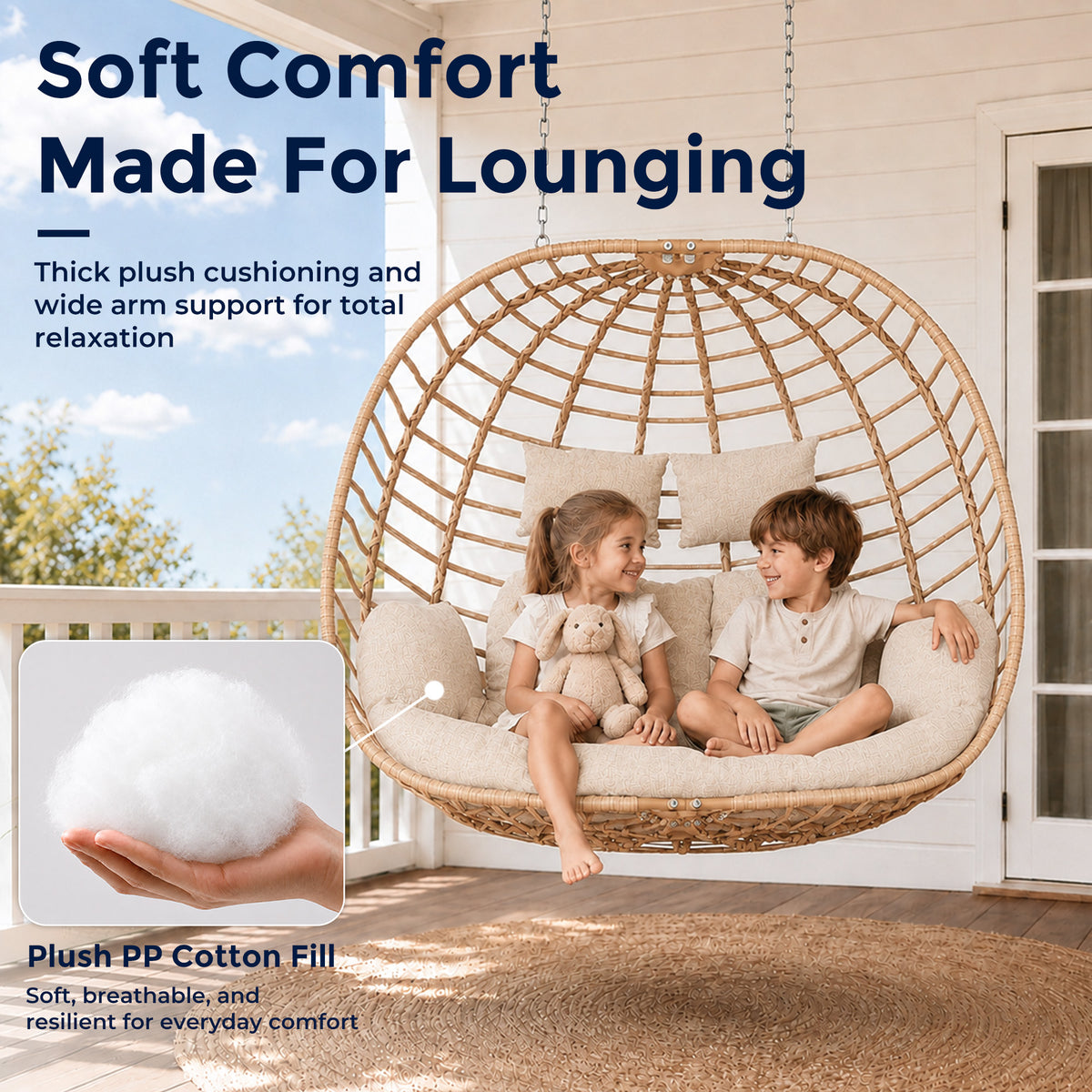 Double Egg Chair Outdoor with Stand, Patio Hanging Swing, Beige Indoor 2 Person Egg Swinging with Cushion, Wicker Loveseat for Porch Balcony Backyard, Cozy Hammock Chairs 680 LBS Capaticy