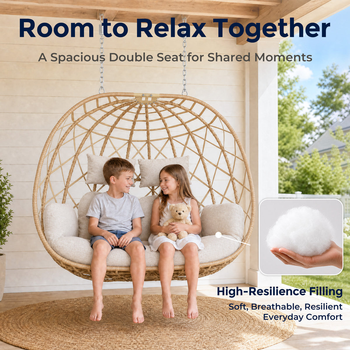 Outdoor Double Hanging Egg Swing Chair with Stand & Cushion, Beige 2 Person Wicker Swinging Egg Chair, Patio Loveseat for Porch Balcony Backyard, Indoor Hammock Chairs 650 LBS Capaticy