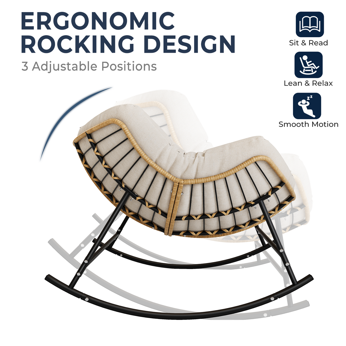 Outdoor Papasan Rocking Chair with Thick Cushion, Cream Oversized Wicker Lounge Rocker with Comfy Cushion, Zero-Pressure Square Steel Frame for Patio, Porch or Indoor Relaxation