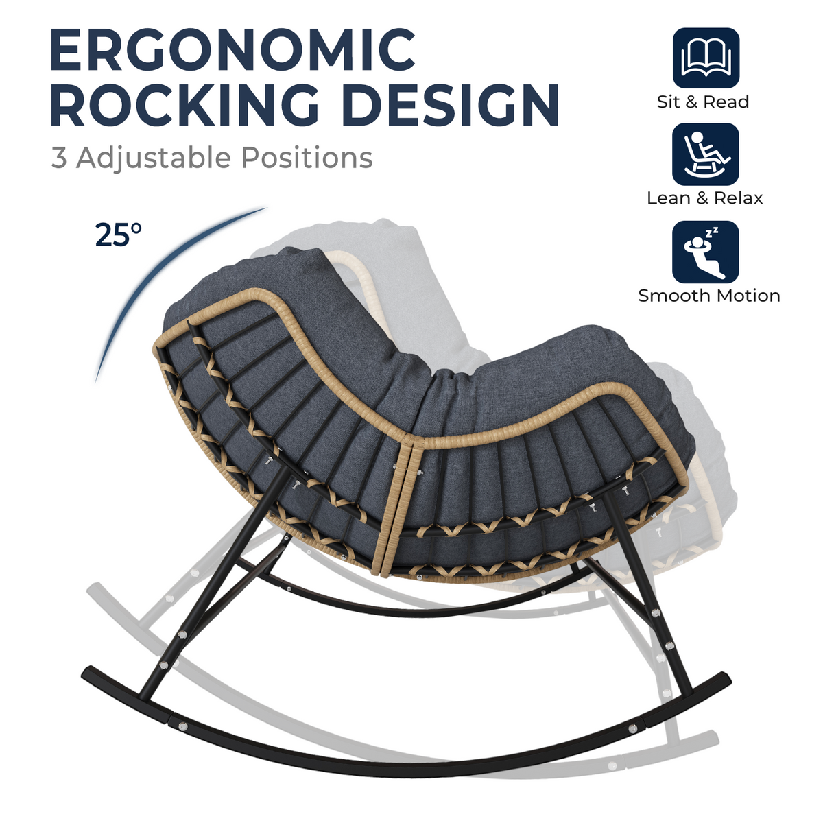 Double Outdoor Papasan Rocking Chair with Thick Cushion, Dark Grey Oversized 2-Person Rocking Loveseat with Plush Cushion, Outdoor Cozy Rocker Sofa for Patio, Porch or Balcony