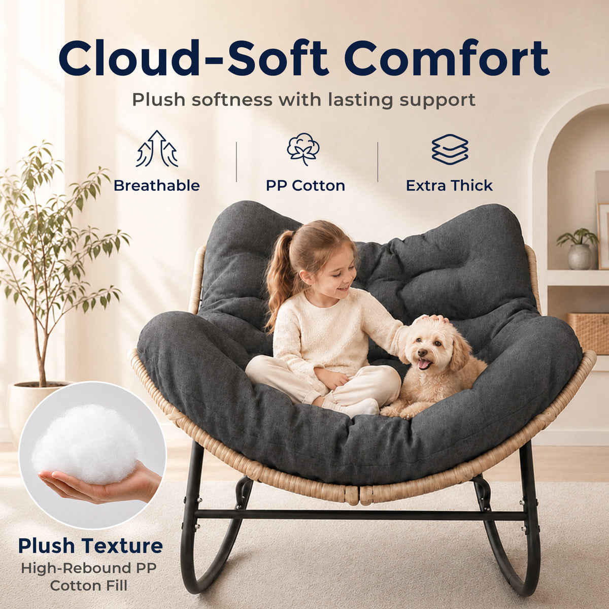 Papasan Rocking Chair, Outdoor Wicker Egg Rocker with Cushion, Grey Comfy Oversized Reading Chair, Cozy 30°-Rock Bed with 6" Cushion, Steel Frame 450LBS Capacity for Patio Porch Lawn