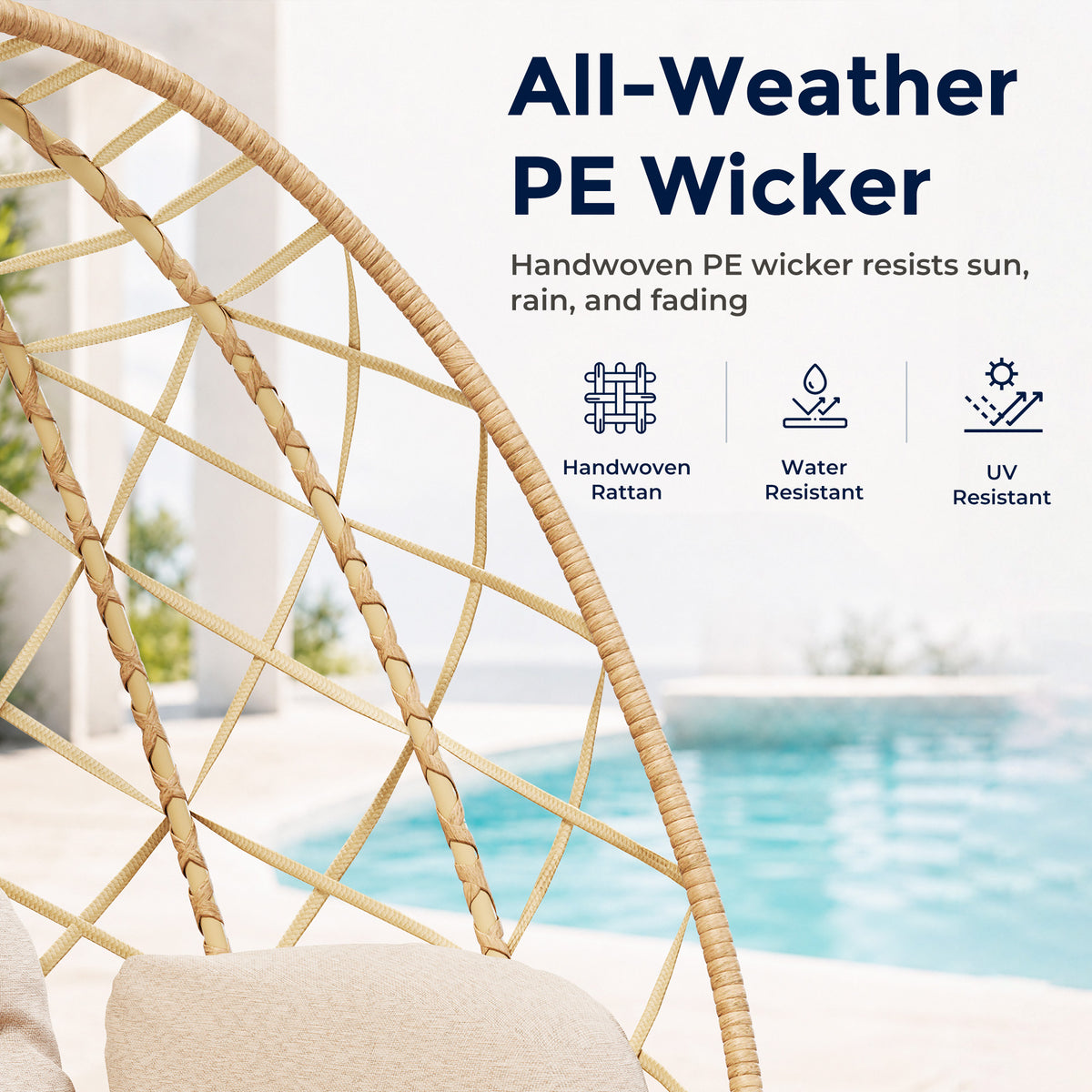 Outdoor Double Hanging Egg Swing Chair with Stand & Cushion, Beige 2 Person Wicker Swinging Egg Chair, Patio Loveseat for Porch Balcony Backyard, Indoor Hammock Chairs 650 LBS Capaticy