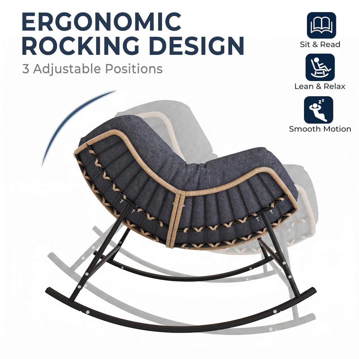 Outdoor Papasan Rocking Chair with Thick Cushion, Dark Grey Oversized Wicker Lounge Rocker with Comfy Cushion, Zero-Pressure Square Steel Frame for Patio, Porch or Indoor Relaxation