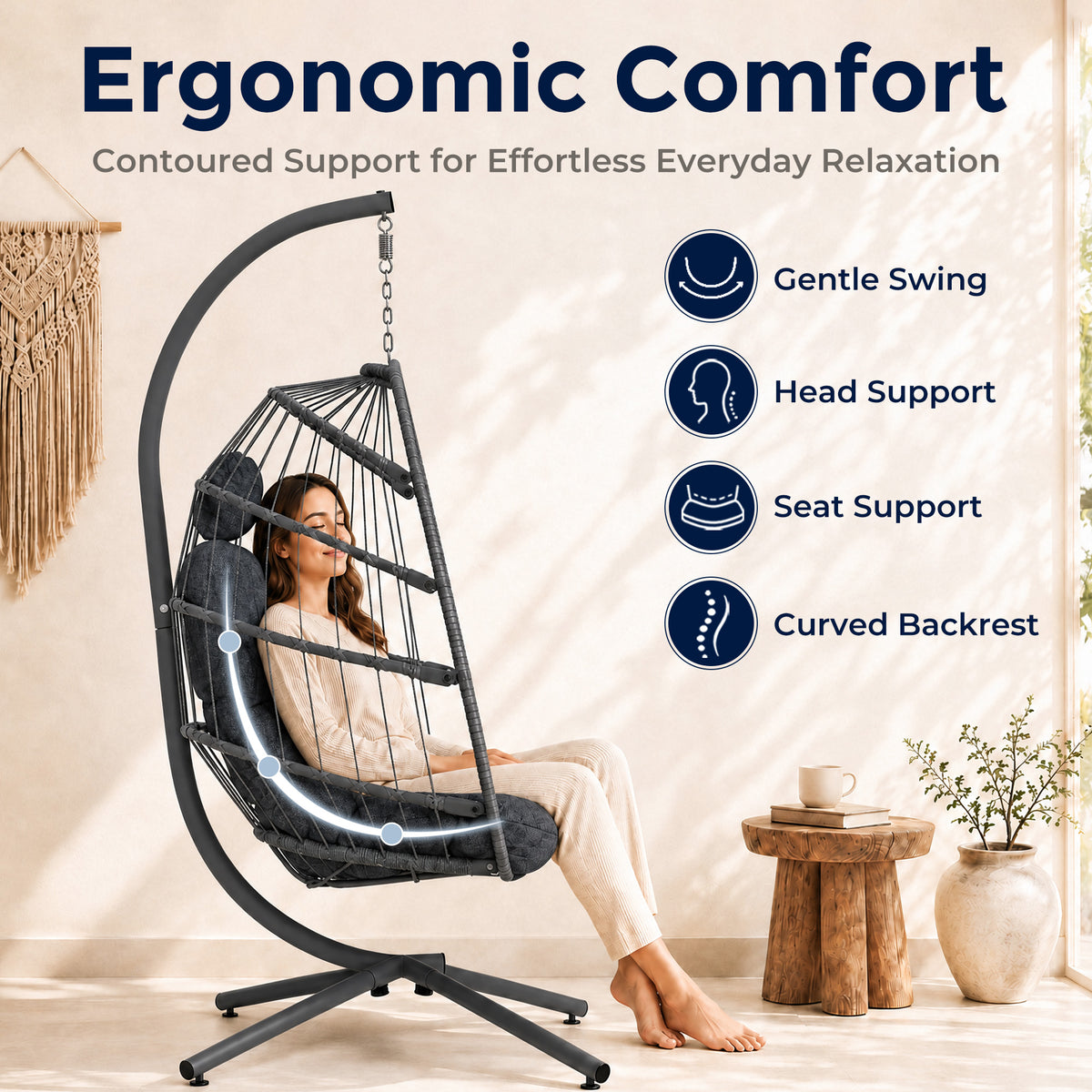 SWITTE Egg Chair Outdoor with Stand, Indoor Wicker Hanging Egg Swing, Grey Patio Swinging Chair with Thick Cushion, Egg Shaped Swing for Bedroom Porch Balcony, Rattan Hammock Chairs 370 LBS Capacity