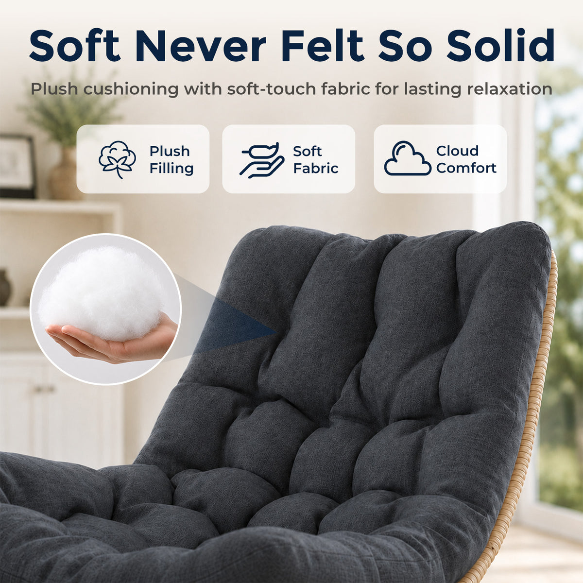 SWITTE Outdoor Wicker Swivel Chair, 360° Rotating Patio Chair, Charcoal Comfy Rattan Swivel Papasan Chair with Thick Cushion, Oversized Egg Rocking Chair Stable Steel Base for Balcony, Porch, Lawn