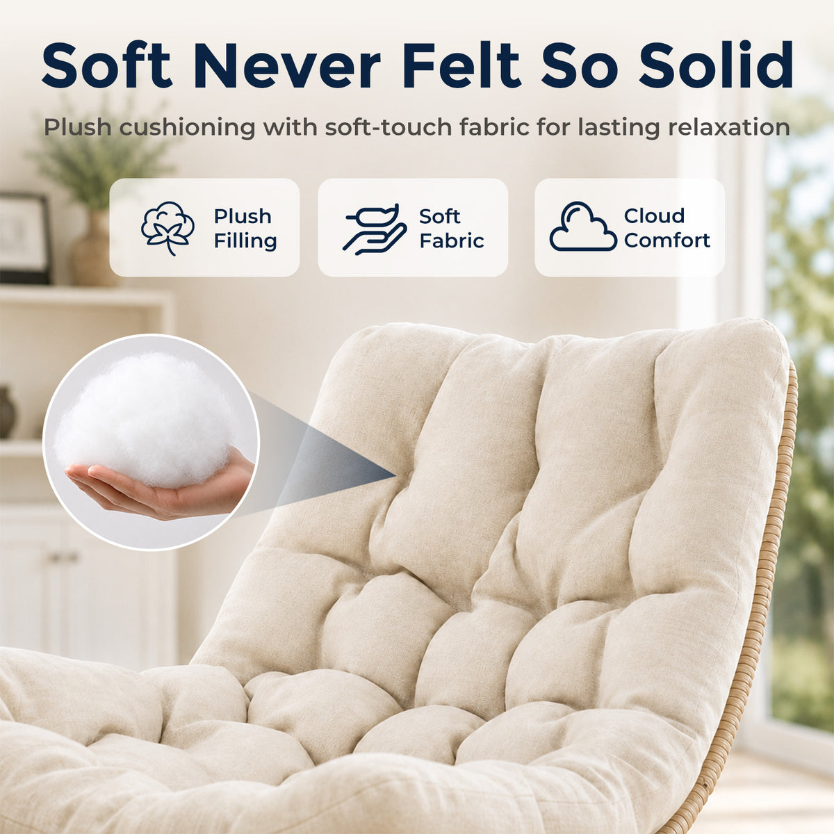 Outdoor Wicker Swivel Chair, 360° Rotating Patio Chair, Oatmeal Comfy Rattan Swivel Papasan Chair with Thick Cushion, Oversized Egg Rocking Chair Stable Steel Base for Balcony, Porch, Lawn