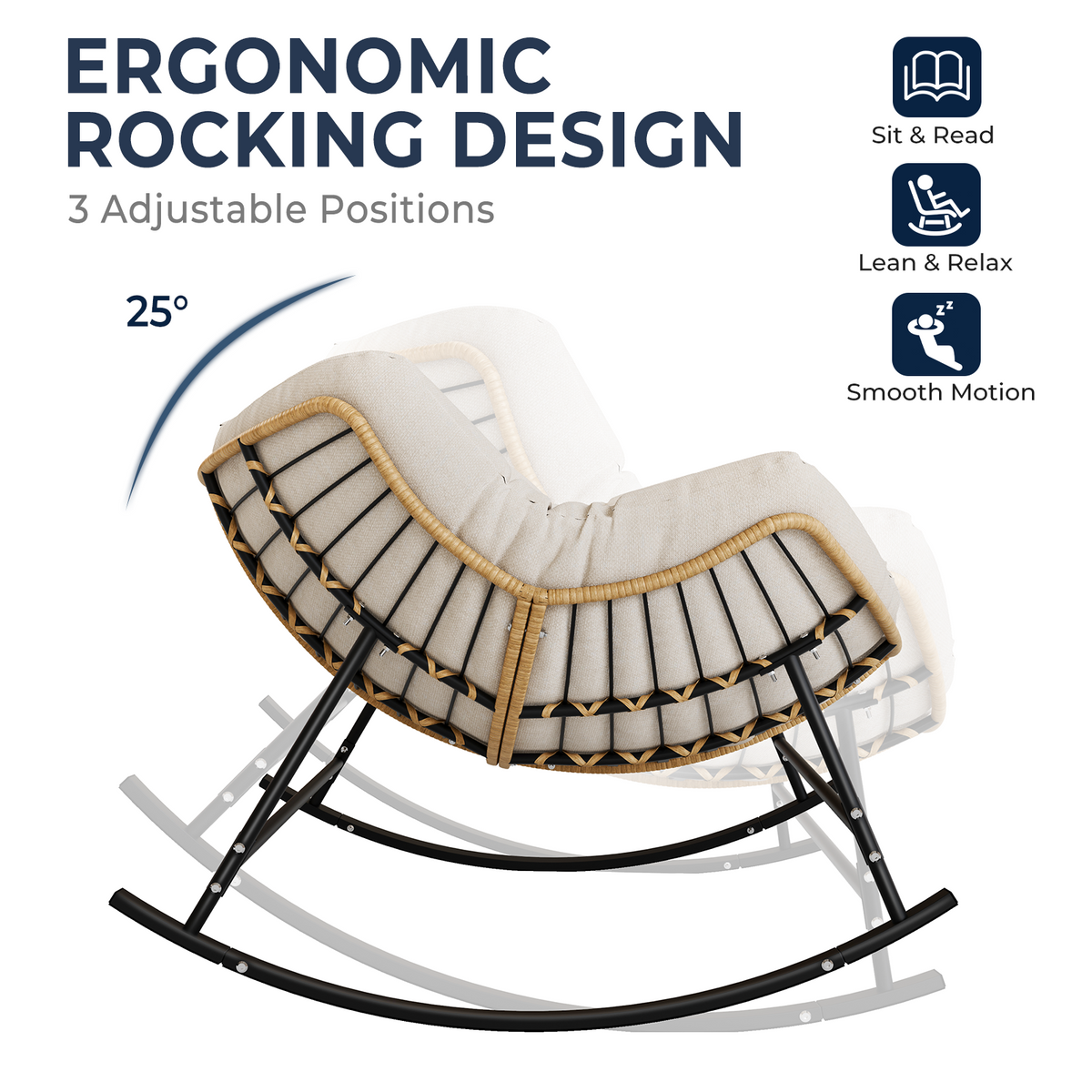 Double Outdoor Papasan Rocking Chair with Thick Cushion, Khaki Oversized 2-Person Rocking Loveseat with Plush Cushion, Outdoor Cozy Rocker Sofa for Patio, Porch or Balcony