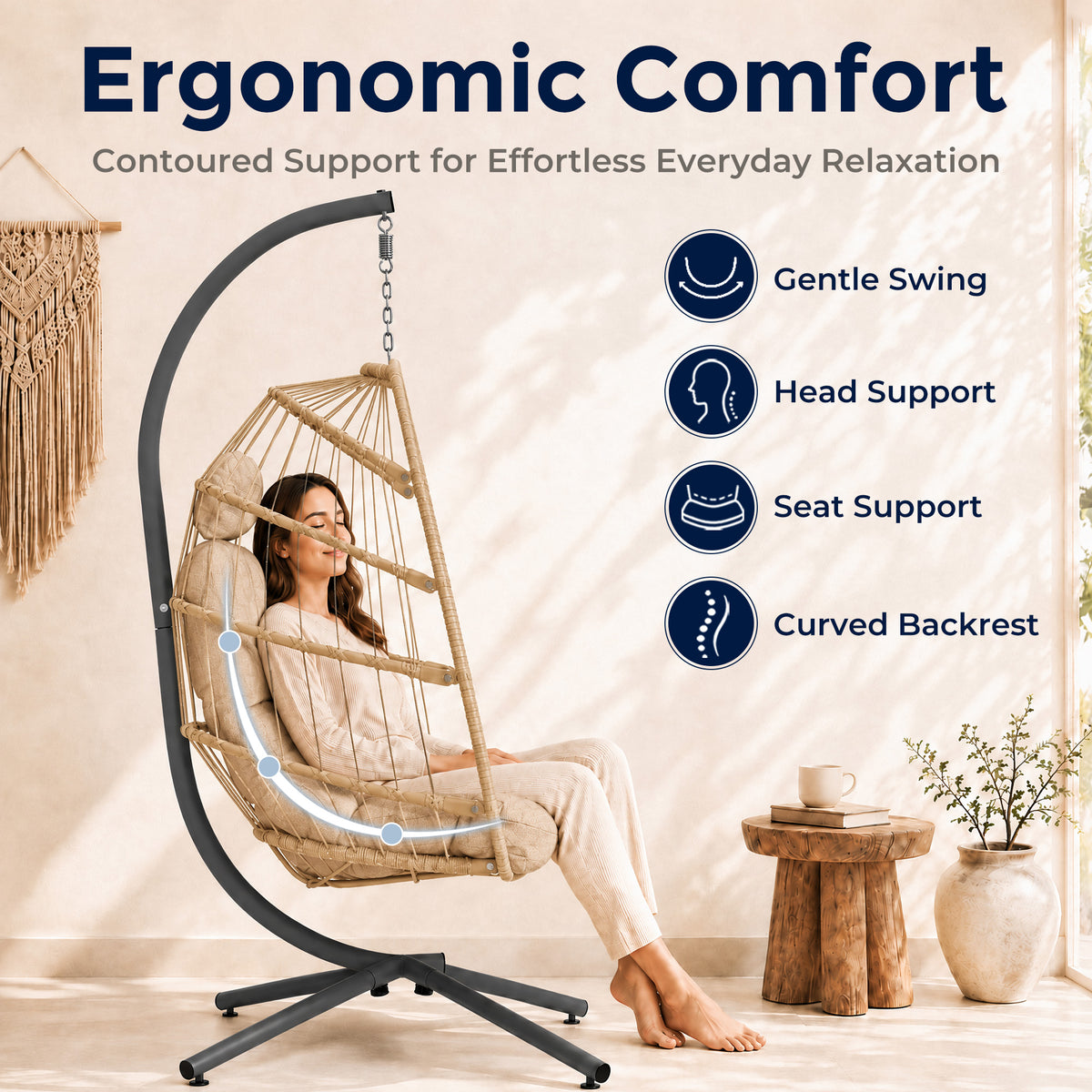 Egg Chair Outdoor with Stand, Indoor Wicker Hanging Egg Swing, Cream Patio Swinging Chair with Thick Cushion, Egg Shaped Swing for Bedroom Porch Balcony, Rattan Hammock Chairs 370 LBS Capacity