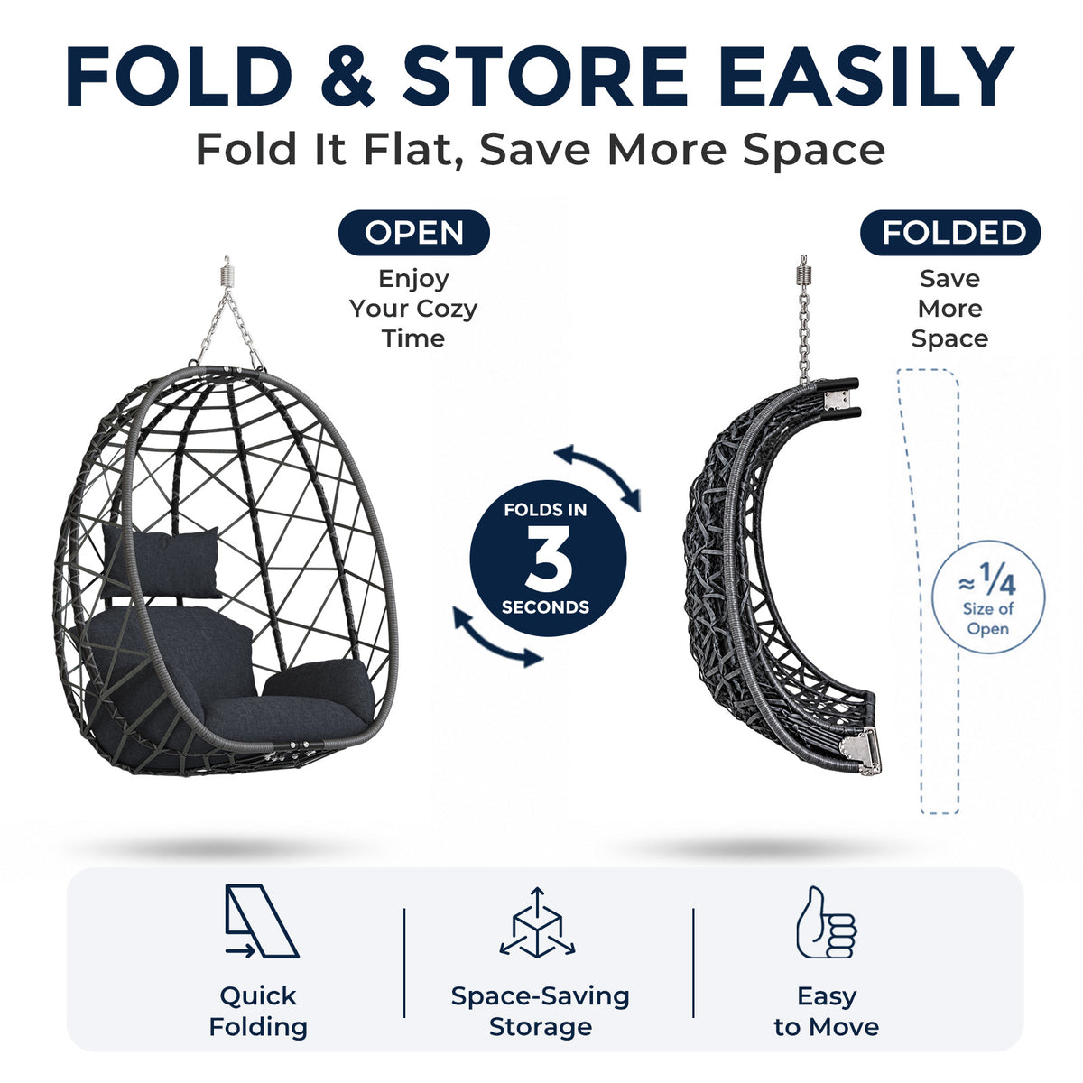 Hanging Egg Chair with Stand Outdoor, Wicker Patio Swing, Grey Indoor Comfy Swinging Chair with Cushion, 400 LBS Capacity, Heavy Duty Egg Shaped Hammock Chairs for Outside Porch, Bedroom