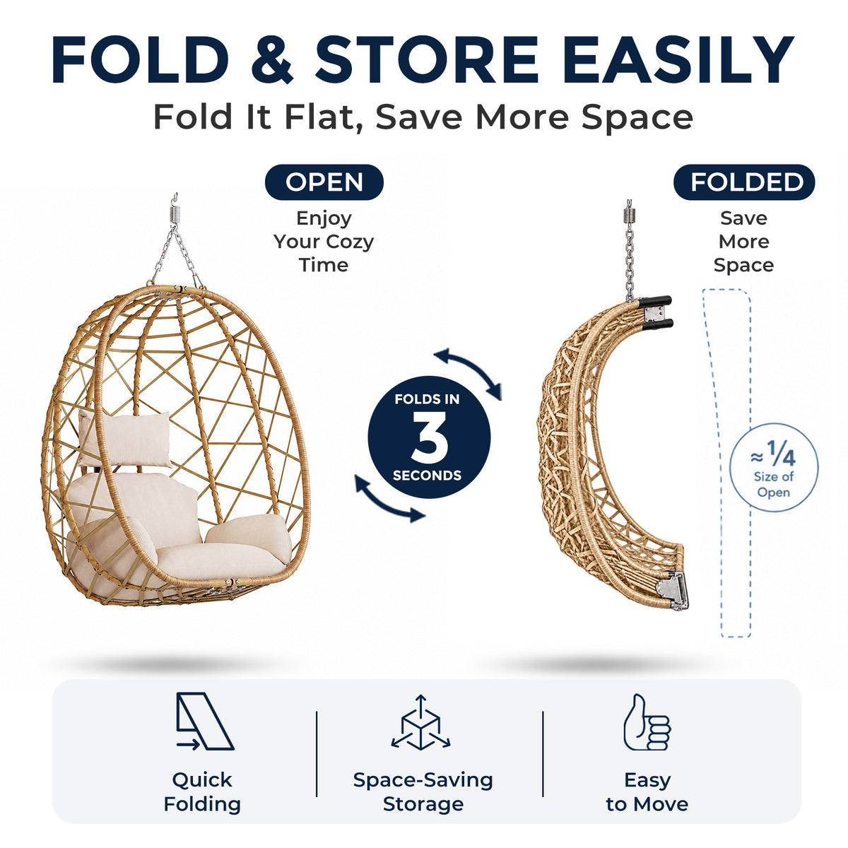 Outdoor Hanging Egg Chair with Stand, Wicker Patio Swing, Cream Indoor Comfy Swinging Chair with Cushion, 400 LBS Capacity, Heavy Duty Egg Shaped Hammock Chairs for Outside Porch, Bedroom