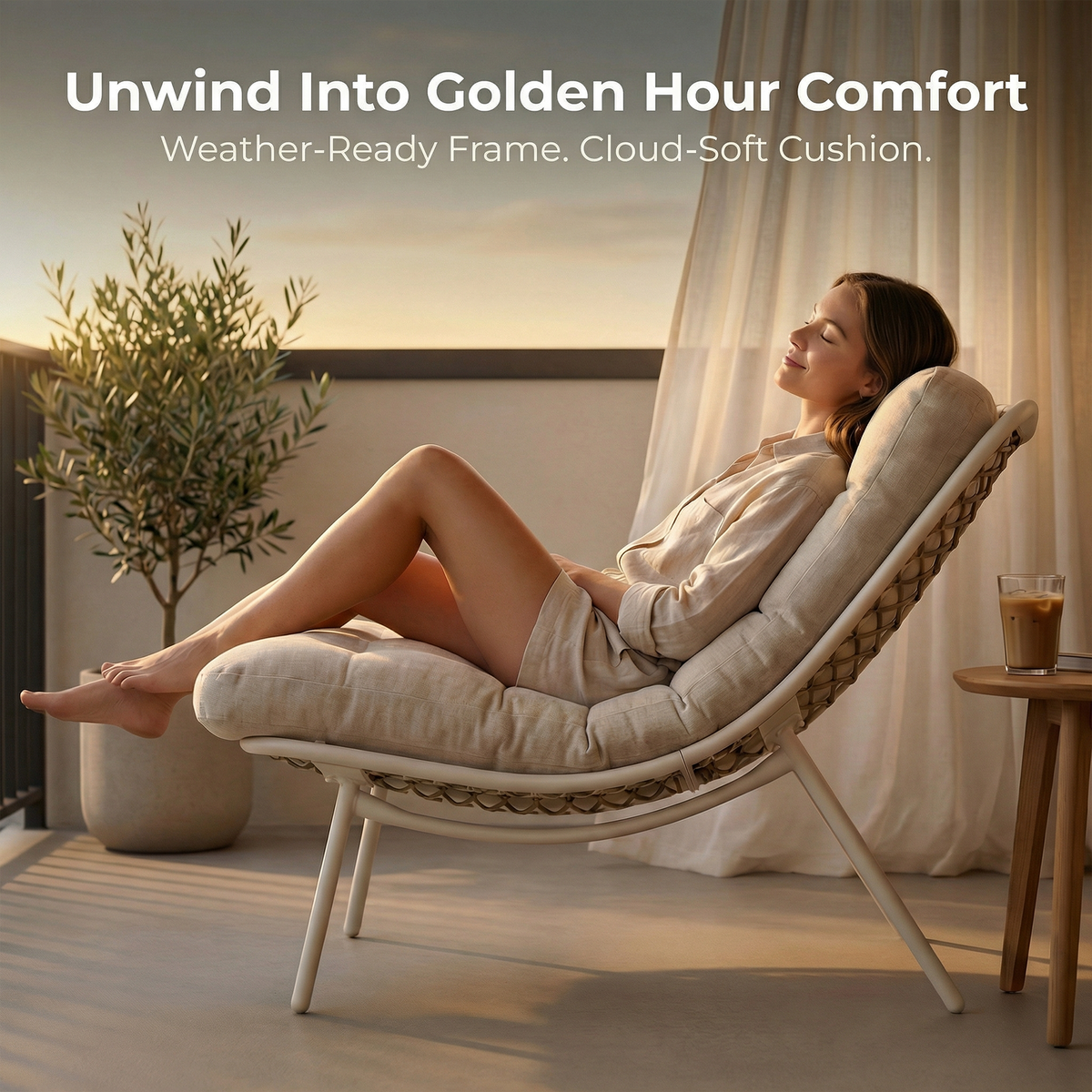 Wicker Papasan Lounge Chair, Outdoor Recliner with Cushion, Cream Indoor Oversized Egg Chair, Boho Comfy Patio Chaise Chair Low Seat Patio Chair for Porch, Balcony, Bedroom, Reading Nook