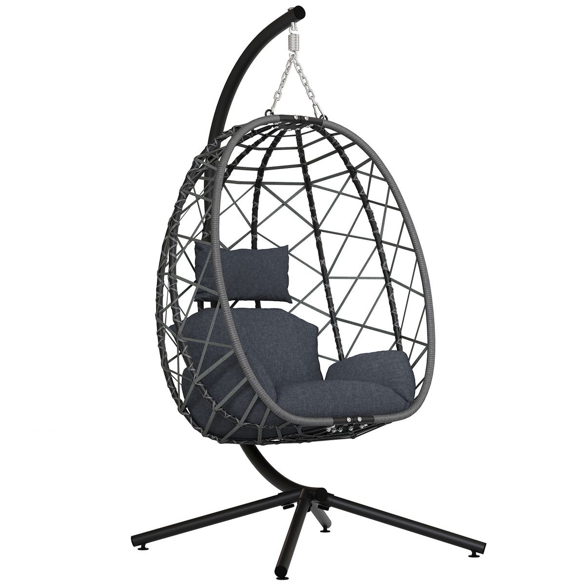 Hanging Egg Chair with Stand Outdoor, Wicker Patio Swing, Grey Indoor Comfy Swinging Chair with Cushion, 400 LBS Capacity, Heavy Duty Egg Shaped Hammock Chairs for Outside Porch, Bedroom