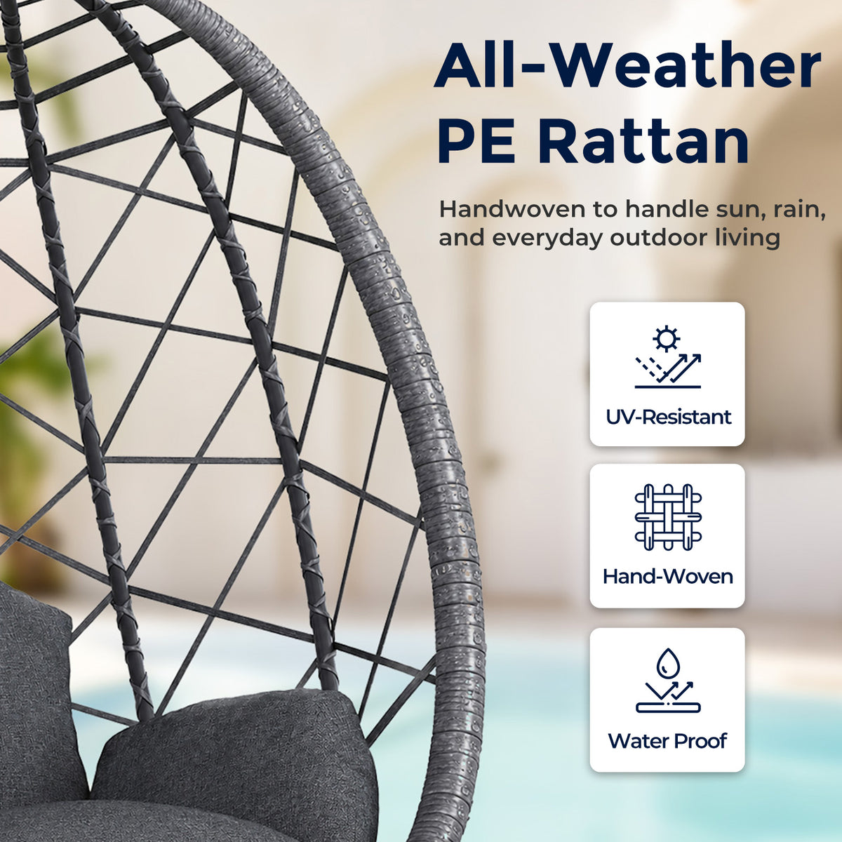 Hanging Egg Chair with Stand Outdoor, Wicker Patio Swing, Grey Indoor Comfy Swinging Chair with Cushion, 400 LBS Capacity, Heavy Duty Egg Shaped Hammock Chairs for Outside Porch, Bedroom