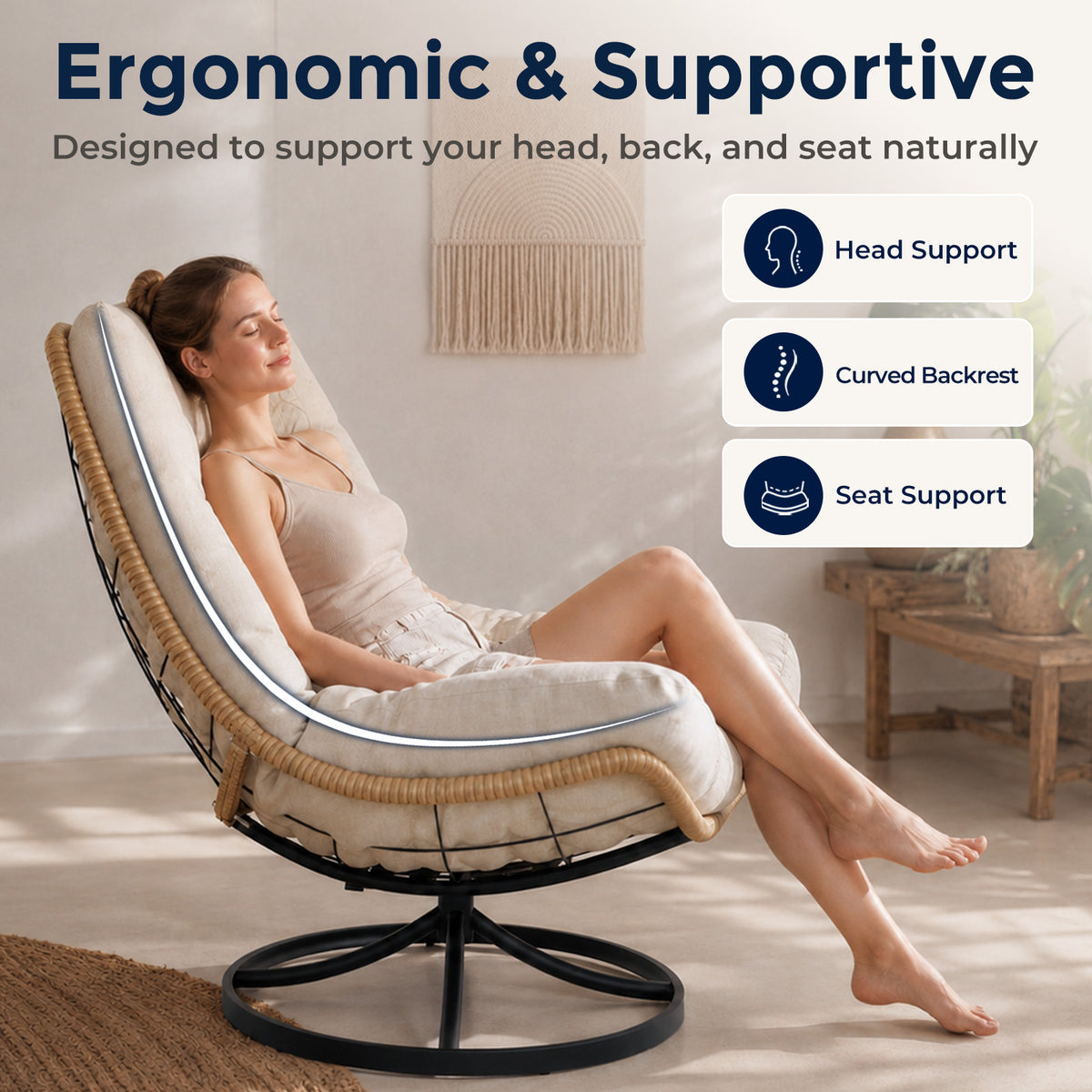 Outdoor Wicker Swivel Chair, 360° Rotating Patio Chair, Oatmeal Comfy Rattan Swivel Papasan Chair with Thick Cushion, Oversized Egg Rocking Chair Stable Steel Base for Balcony, Porch, Lawn