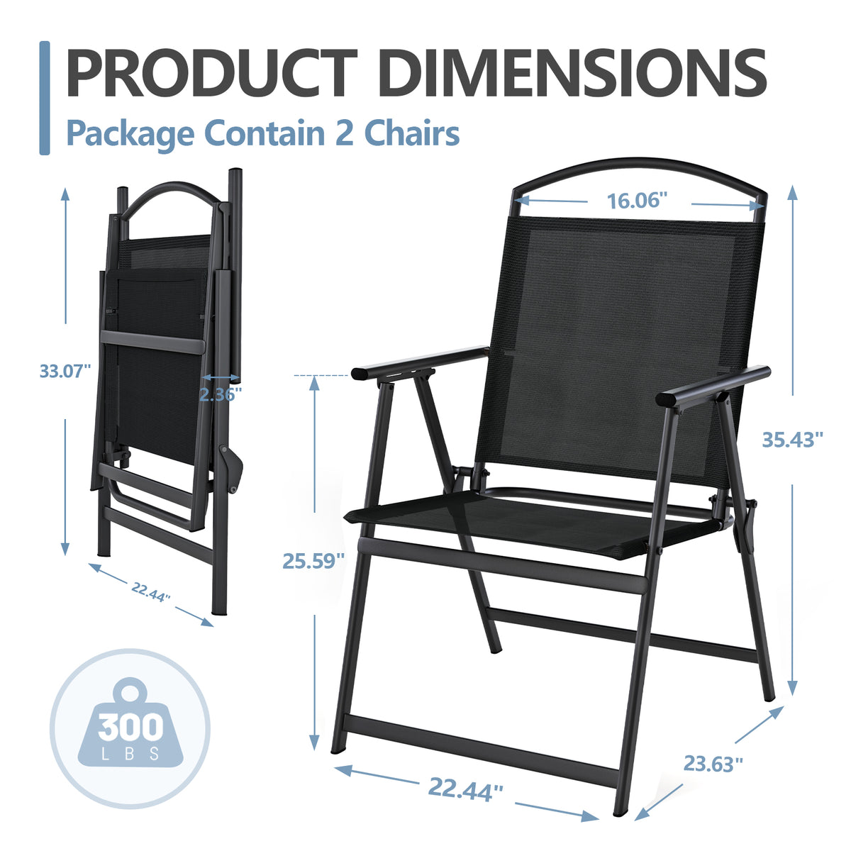 Outdoor Patio Chairs Set of 2, Folding Lawn Chairs, Black Foldable Lightweight Dining Chairs with Armrests & Back Support, Breathable Textilene & Metal Frame for Deck, Lawn, Camping