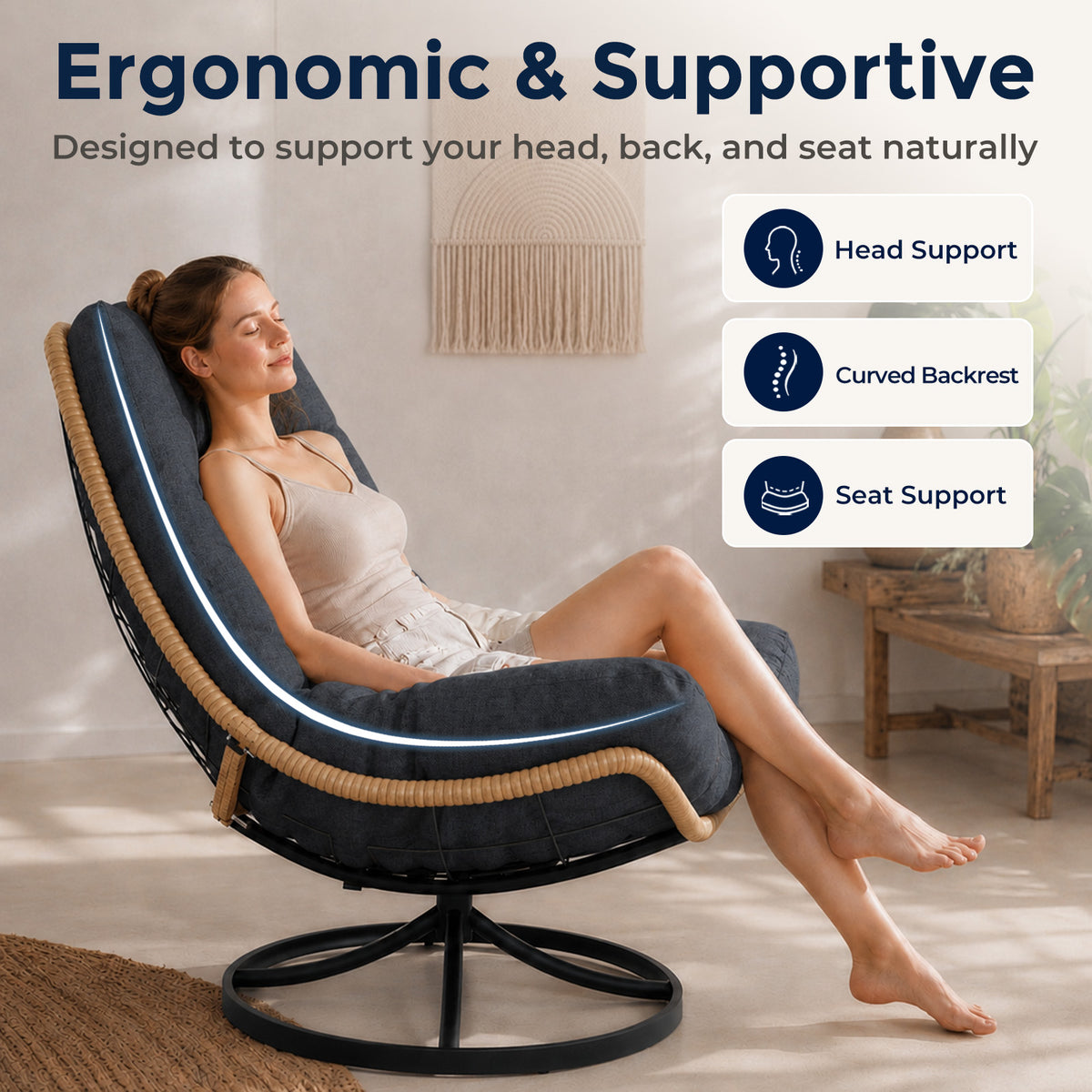 SWITTE Outdoor Wicker Swivel Chair, 360° Rotating Patio Chair, Charcoal Comfy Rattan Swivel Papasan Chair with Thick Cushion, Oversized Egg Rocking Chair Stable Steel Base for Balcony, Porch, Lawn