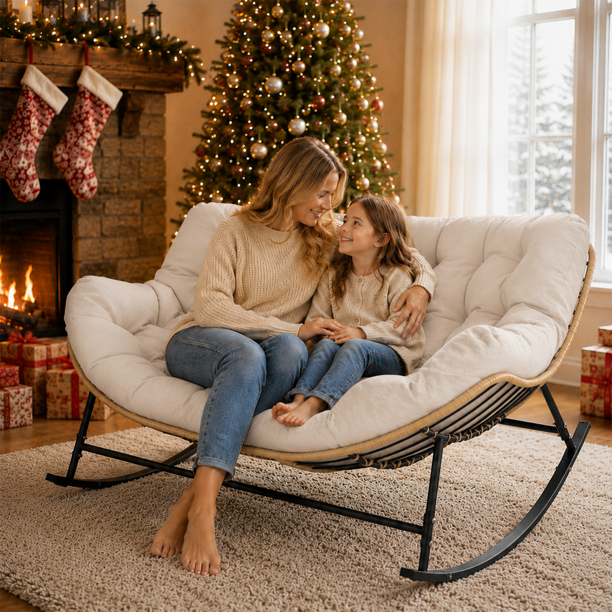 Double Outdoor Papasan Rocking Chair with Thick Cushion, Khaki Oversized 2-Person Rocking Loveseat with Plush Cushion, Outdoor Cozy Rocker Sofa for Patio, Porch or Balcony